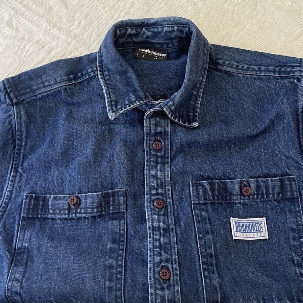 The Hundreds T Shirt Mens Size L Vintage Denim Blue Short Sleeve Button Shirt